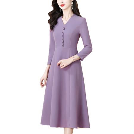 FA39606# 紫色长袖V领连衣裙女新款高端气质收腰显瘦超好看中长裙 服裝批發女裝批發服飾貨源