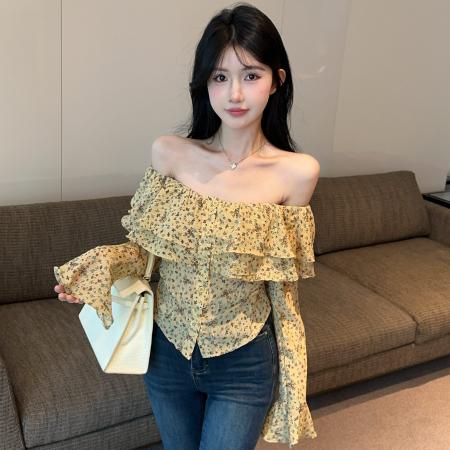 FA39607# 秋季新款碎花长袖雪纺衫收腰短款衬衫女一字肩时尚上衣 服裝批發女裝批發服飾貨源