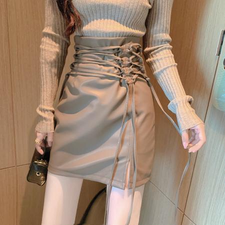 FA39608# 秋季新款高腰绑带包臀PU皮半身裙时尚百搭开叉裙子 服裝批發女裝批發服飾貨源