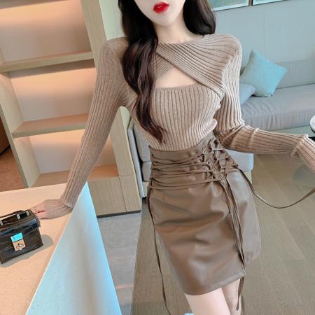 FA39608# 秋季新款高腰绑带包臀PU皮半身裙时尚百搭开叉裙子 服裝批發女裝批發服飾貨源