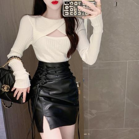 FA39608# 秋季新款高腰绑带包臀PU皮半身裙时尚百搭开叉裙子 服裝批發女裝批發服飾貨源