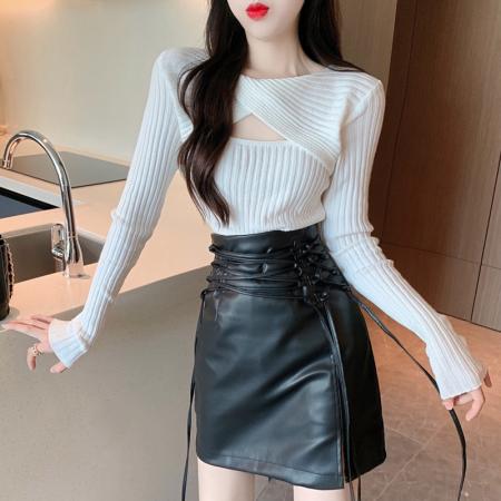 FA39608# 秋季新款高腰绑带包臀PU皮半身裙时尚百搭开叉裙子 服裝批發女裝批發服飾貨源