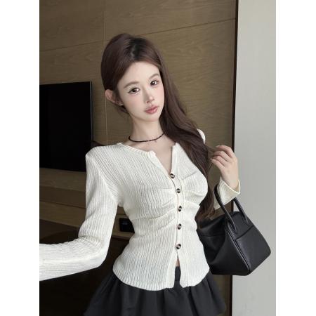 FA39609# 秋季辣妹性感V领褶皱收腰针织衫气质显瘦开衫打底衫上衣 服裝批發女裝批發服飾貨源