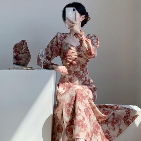 FA39610# 秋季新款法式复古绝美碎花仙女气质显瘦长袖连衣裙 服裝批發女裝批發服飾貨源