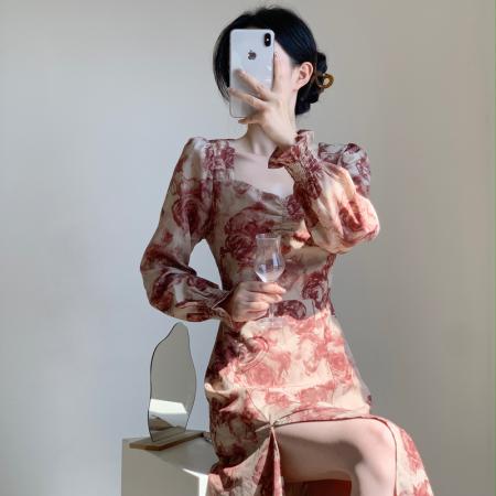 FA39610# 秋季新款法式复古绝美碎花仙女气质显瘦长袖连衣裙 服裝批發女裝批發服飾貨源