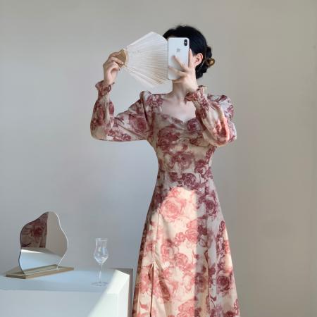 FA39610# 秋季新款法式复古绝美碎花仙女气质显瘦长袖连衣裙 服裝批發女裝批發服飾貨源