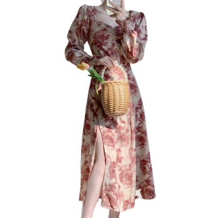 FA39610# 秋季新款法式复古绝美碎花仙女气质显瘦长袖连衣裙 服裝批發女裝批發服飾貨源
