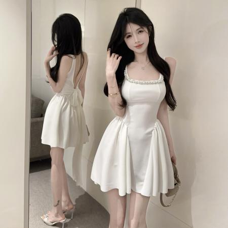 FA39612# 高级感法式设计师珍珠边收腰露背蝴蝶结吊带蓬蓬公主裙 服裝批發女裝批發服飾貨源