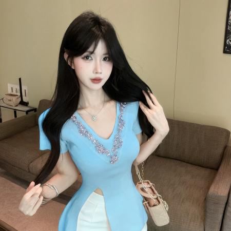FA39613# 纯欲风甜美少女重工镶钻短袖收腰针织衫百搭开叉上衣 服裝批發女裝批發服飾貨源