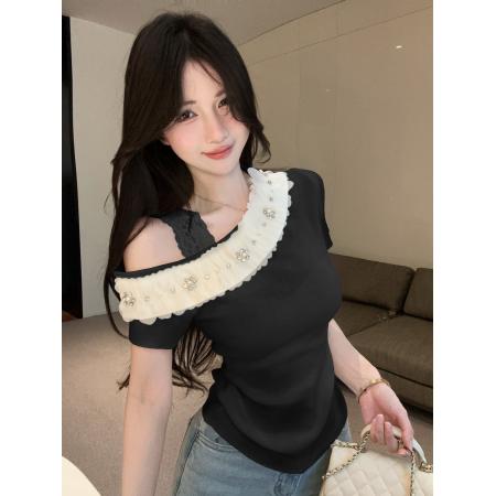 FA39615# 小心机百搭斜肩花边镶钻修身百搭短袖针织女针织衫上衣 服裝批發女裝批發服飾貨源