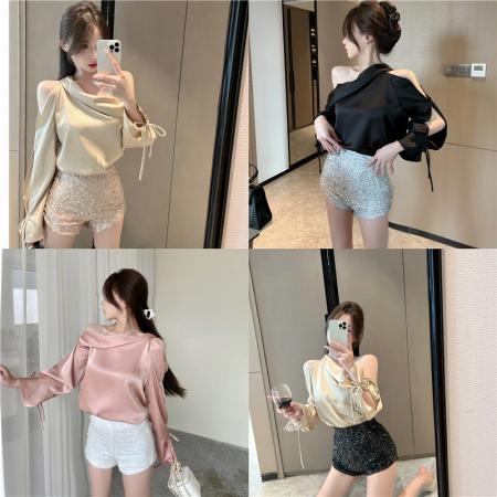 FA39618# 法式性感露肩纯欲辣妹高级感别致巨滑缎面衬衫上衣女 服裝批發女裝批發服飾貨源