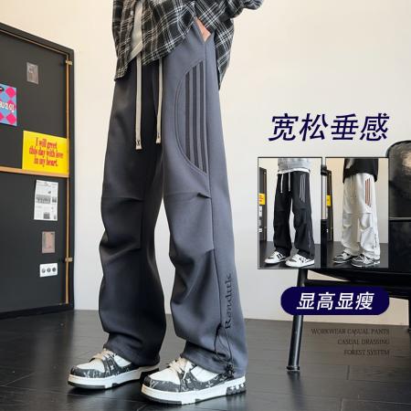 FA39690# 休闲裤男侧边条纹裤子冲锋裤男小众设计感直筒运动卫裤秋季高级感垂坠感休闲长裤中性男女款 服装批发男装批发男士服饰批发