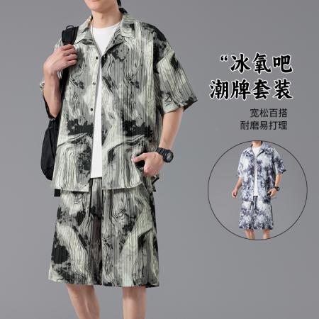 夏季扎染冰丝套装男士衬衫运动沙...