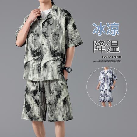 FA39697# 夏季扎染冰丝套装男士衬衫运动沙滩短袖t恤男短裤一整套男装潮牌 服装批发男装批发男士服饰批发
