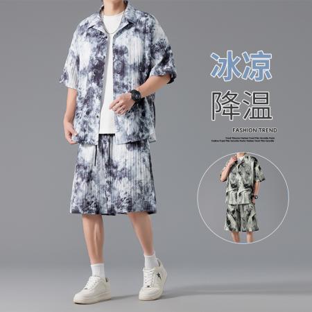 FA39697# 夏季扎染冰丝套装男士衬衫运动沙滩短袖t恤男短裤一整套男装潮牌 服装批发男装批发男士服饰批发