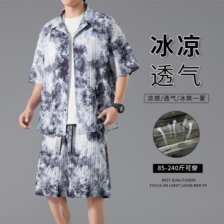 FA39697# 夏季扎染冰丝套装男士衬衫运动沙滩短袖t恤男短裤一整套男装潮牌 服装批发男装批发男士服饰批发