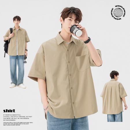 FA39708# 衬衫男短袖衬衫T恤青少年纯色日系港风翻领上衣透气吸汗宽松百搭跨境外贸衬衫 服装批发男装批发男士服饰批发