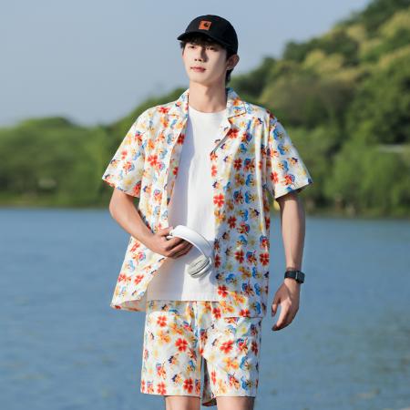 夏季男士新款短袖套装潮流印花衬...