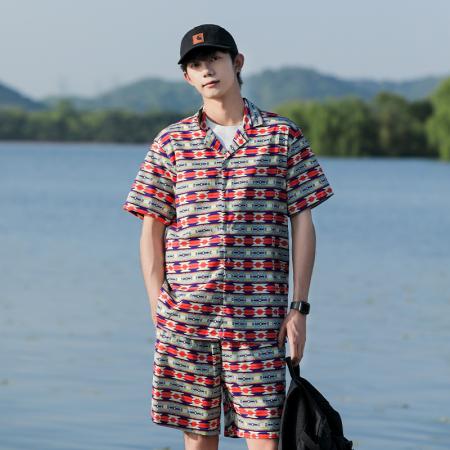 FA39711# 夏季男士新款短袖套装潮流印花衬衫长短裤两件套 服装批发男装批发男士服饰批发