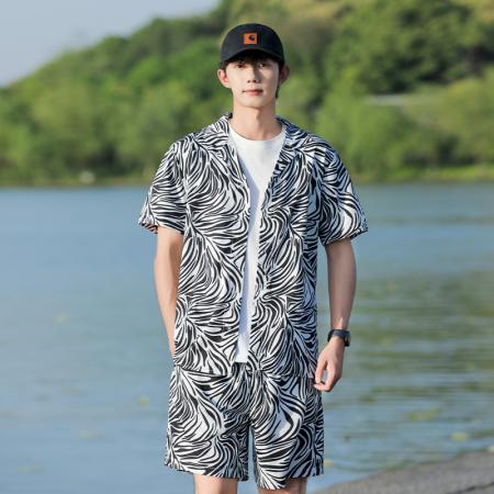 FA39711# 夏季男士新款短袖套装潮流印花衬衫长短裤两件套 服装批发男装批发男士服饰批发
