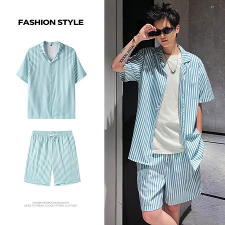 FA39712# 夏季潮流印花新款时尚潮古巴领短袖衬衫短裤套装 服装批发男装批发男士服饰批发