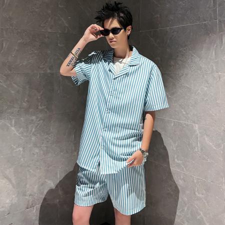FA39712# 夏季潮流印花新款时尚潮古巴领短袖衬衫短裤套装 服装批发男装批发男士服饰批发