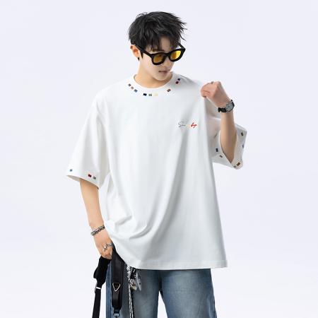 FA39726# 衣米仓新款-重磅纯棉短袖T恤男夏季潮牌设计感刺绣宽松五分袖上衣服 服装批发男装批发男士服饰批发