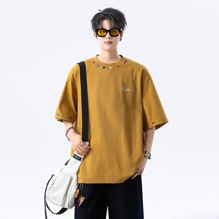 FA39726# 衣米仓新款-重磅纯棉短袖T恤男夏季潮牌设计感刺绣宽松五分袖上衣服 服装批发男装批发男士服饰批发
