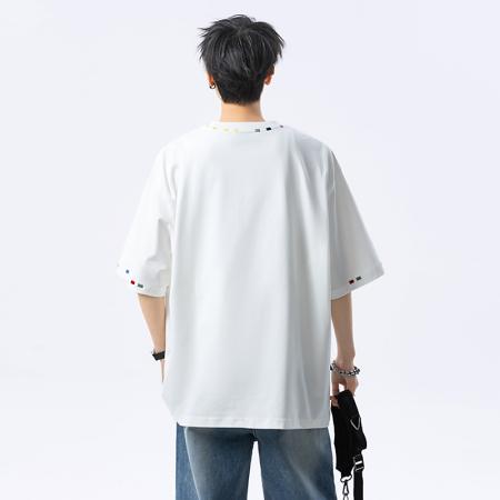 FA39726# 衣米仓新款-重磅纯棉短袖T恤男夏季潮牌设计感刺绣宽松五分袖上衣服 服装批发男装批发男士服饰批发