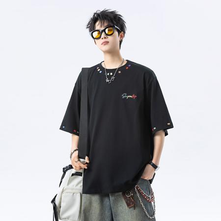 FA39726# 衣米仓新款-重磅纯棉短袖T恤男夏季潮牌设计感刺绣宽松五分袖上衣服 服装批发男装批发男士服饰批发