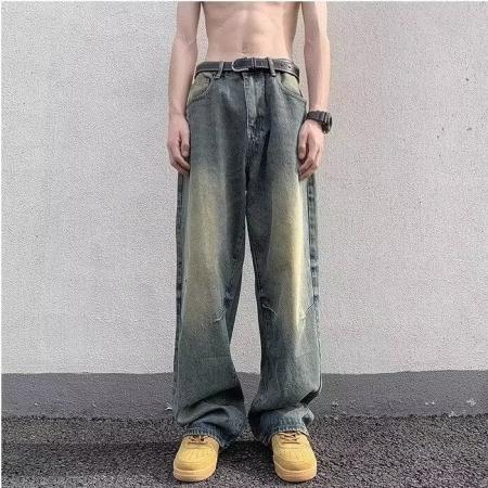 FA39764# 水洗黄泥色做旧水洗牛仔裤男新款春秋季薄款美式复古高街百搭裤子男潮牌潮流宽松长裤直筒牛仔裤子 服装批发男装批发男士服饰批发