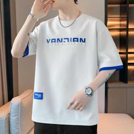 FA39791# 夏季新款男士大码钢印印花假两件拼色拼接短袖 服装批发男装批发男士服饰批发
