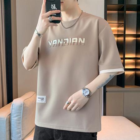 FA39791# 夏季新款男士大码钢印印花假两件拼色拼接短袖 服装批发男装批发男士服饰批发