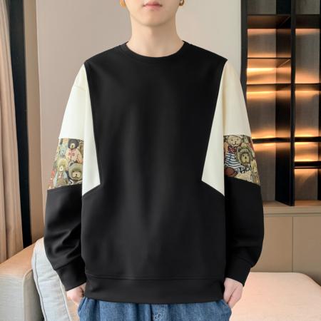 FA39795# 新款公版爆款重磅小熊提花拼接潮圆领卫衣 服装批发男装批发男士服饰批发