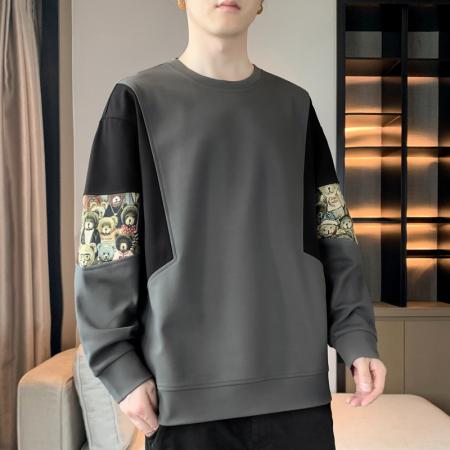 FA39795# 新款公版爆款重磅小熊提花拼接潮圆领卫衣 服装批发男装批发男士服饰批发