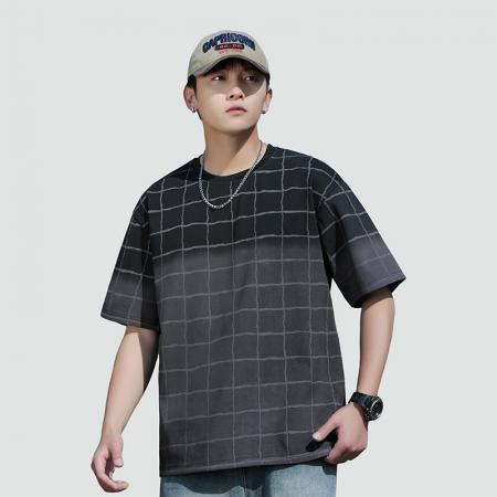 FA39800# 夏季新款大码格子圆领渐变休闲潮牌短袖T恤 服装批发男装批发男士服饰批发