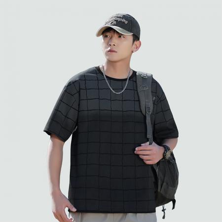 FA39800# 夏季新款大码格子圆领渐变休闲潮牌短袖T恤 服装批发男装批发男士服饰批发