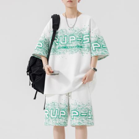 FA39805# 夏季大码青少年圆领短袖休闲时尚印花套装 服装批发男装批发男士服饰批发