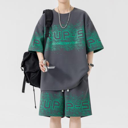 FA39805# 夏季大码青少年圆领短袖休闲时尚印花套装 服装批发男装批发男士服饰批发