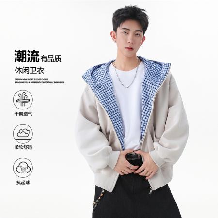 FA39812# 优续秋季美式格子拼接连帽卫衣开衫男士撞色高街廓形外套 服装批发男装批发男士服饰批发