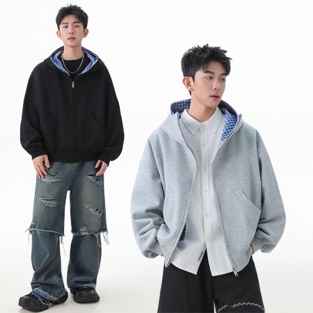 FA39812# 优续秋季美式格子拼接连帽卫衣开衫男士撞色高街廓形外套 服装批发男装批发男士服饰批发