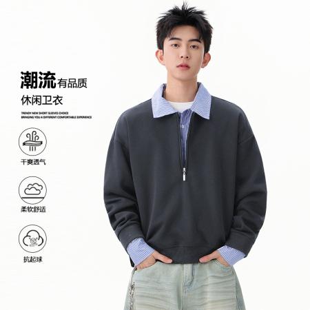 FA39814# 优续假两件polo衫拼接卫衣男半拉链设计感长袖衫衬衫领宽松百搭卫衣 服装批发男装批发男士服饰批发