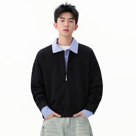 FA39814# 优续假两件polo衫拼接卫衣男半拉链设计感长袖衫衬衫领宽松百搭卫衣 服装批发男装批发男士服饰批发