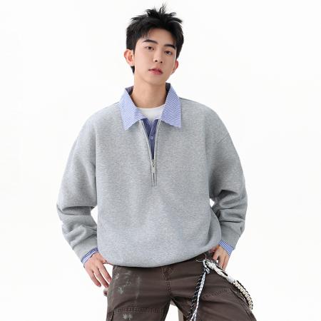FA39814# 优续假两件polo衫拼接卫衣男半拉链设计感长袖衫衬衫领宽松百搭卫衣 服装批发男装批发男士服饰批发