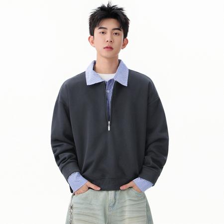 FA39814# 优续假两件polo衫拼接卫衣男半拉链设计感长袖衫衬衫领宽松百搭卫衣 服装批发男装批发男士服饰批发