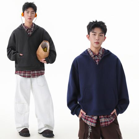 FA39815# 优续经典撞色假两件格纹卫衣秋季情侣慵懒风时尚T恤宽松休闲套头上衣 服装批发男装批发男士服饰批发