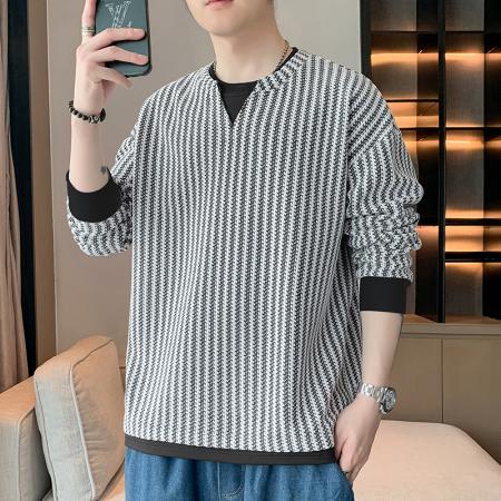FA39820# 春秋季新款男士卫衣休闲百搭青年帅气套头圆领提花长袖T恤卫衣男 服装批发男装批发男士服饰批发