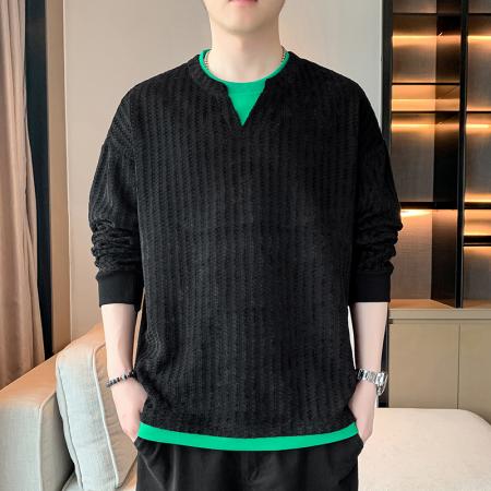 FA39820# 春秋季新款男士卫衣休闲百搭青年帅气套头圆领提花长袖T恤卫衣男 服装批发男装批发男士服饰批发