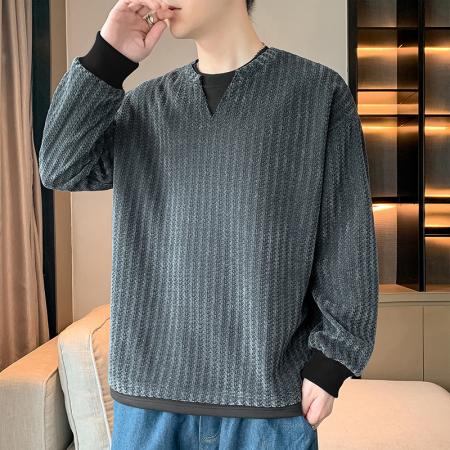 FA39820# 春秋季新款男士卫衣休闲百搭青年帅气套头圆领提花长袖T恤卫衣男 服装批发男装批发男士服饰批发