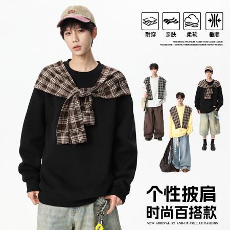 FA39826# 美式拼接打结格子披肩假两件长袖卫衣男生秋季宽松上衣 服装批发男装批发男士服饰批发